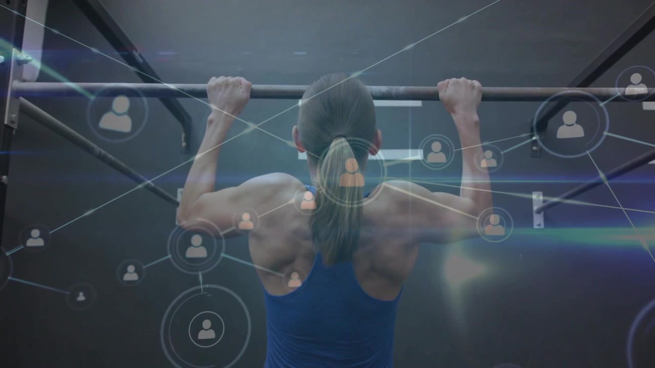 Woman gripping pullup bar and pulling up for fitness, overlay icons growing into network around her