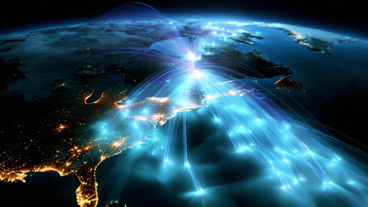 A Glowing Visualization of Global Connectivity: Illuminated Pathways Across the Earth Highlighting Energy Flow and Digital Network Infrastructures in a Stunning Geographical Representation