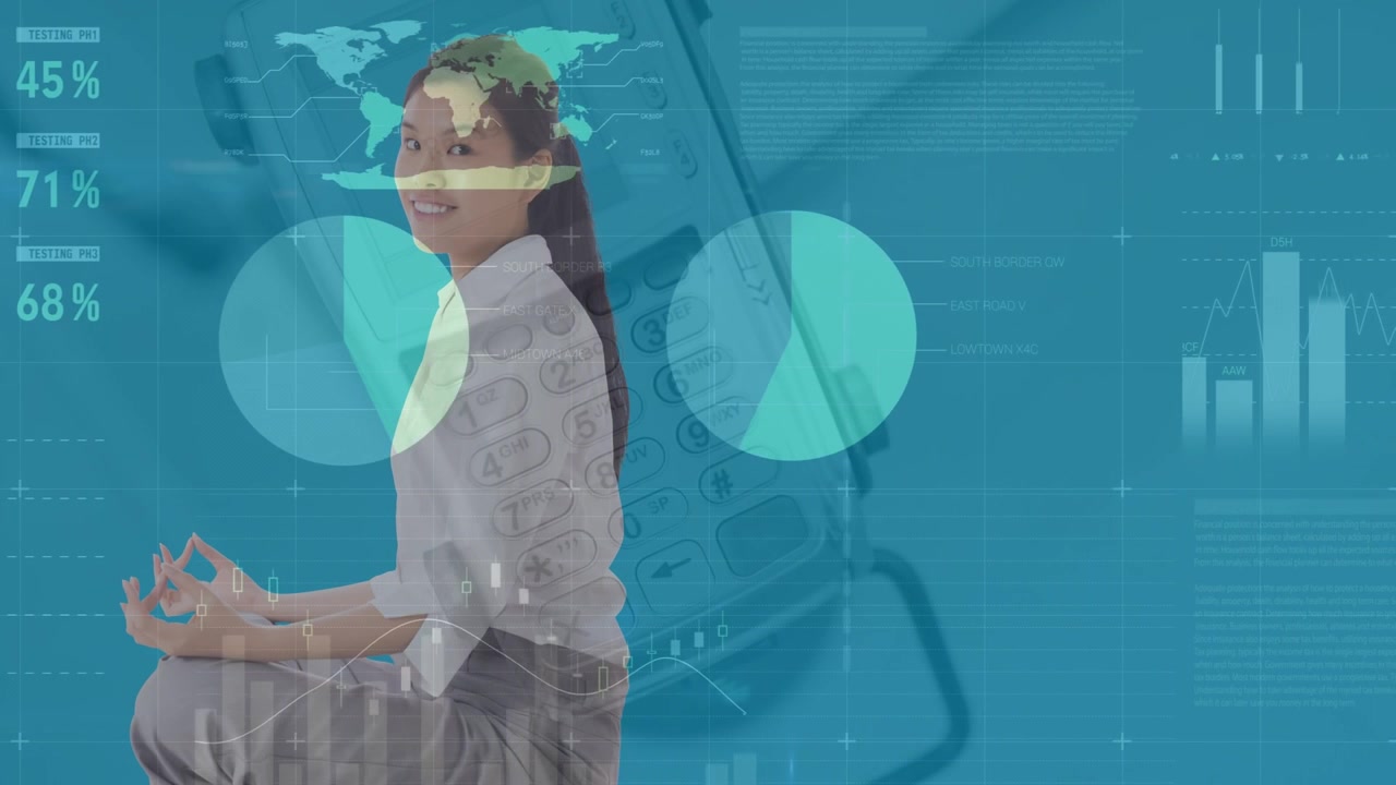 Animação de dados financeiros e gráficos sobre mulher asiática meditando em fundo azul com telefone