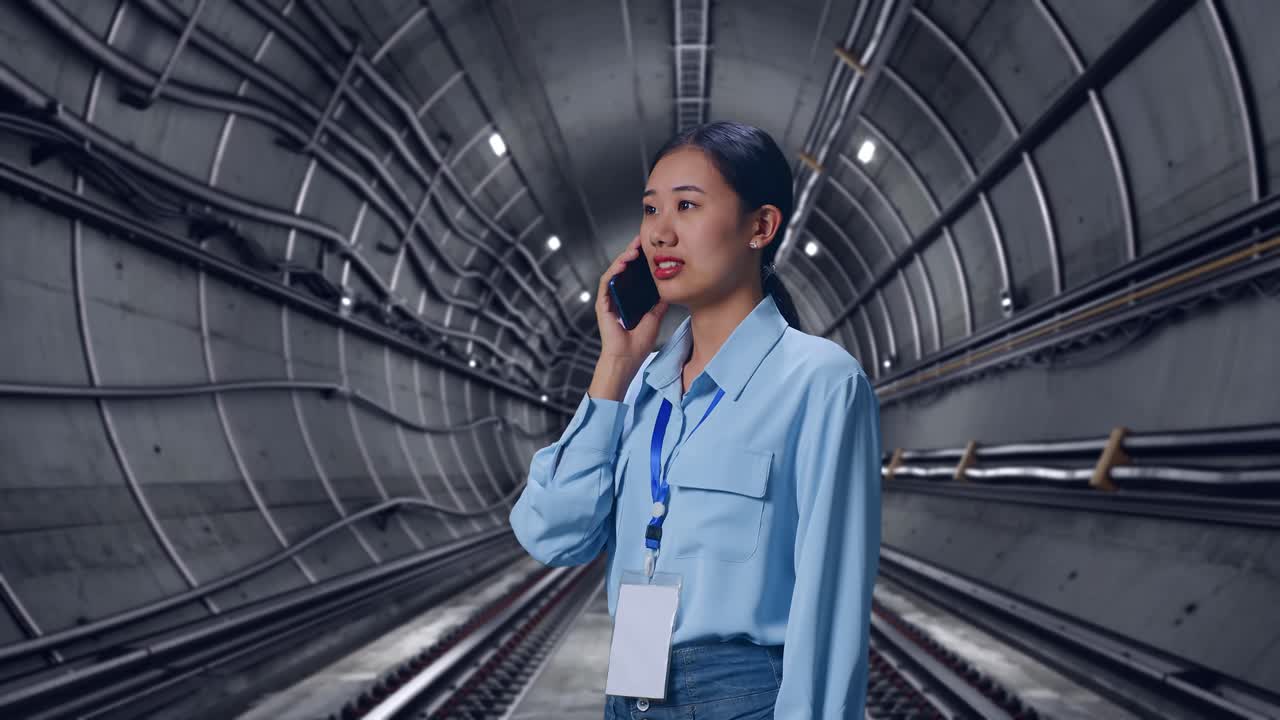 Side View Asian Female In Underground Subway Tunnel, She Pick The Phone Up And Started To Specking To It With A Slicely Smile