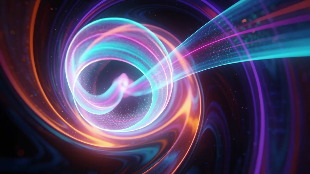Entering from right cyan-magenta ribbons twisting toward core in void, with orange rings and dust