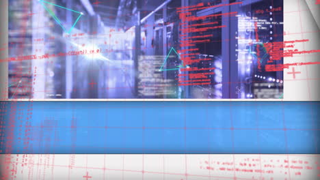 animación de formas abstractas de triángulo y procesamiento de datos contra la sala de servidores de computadoras