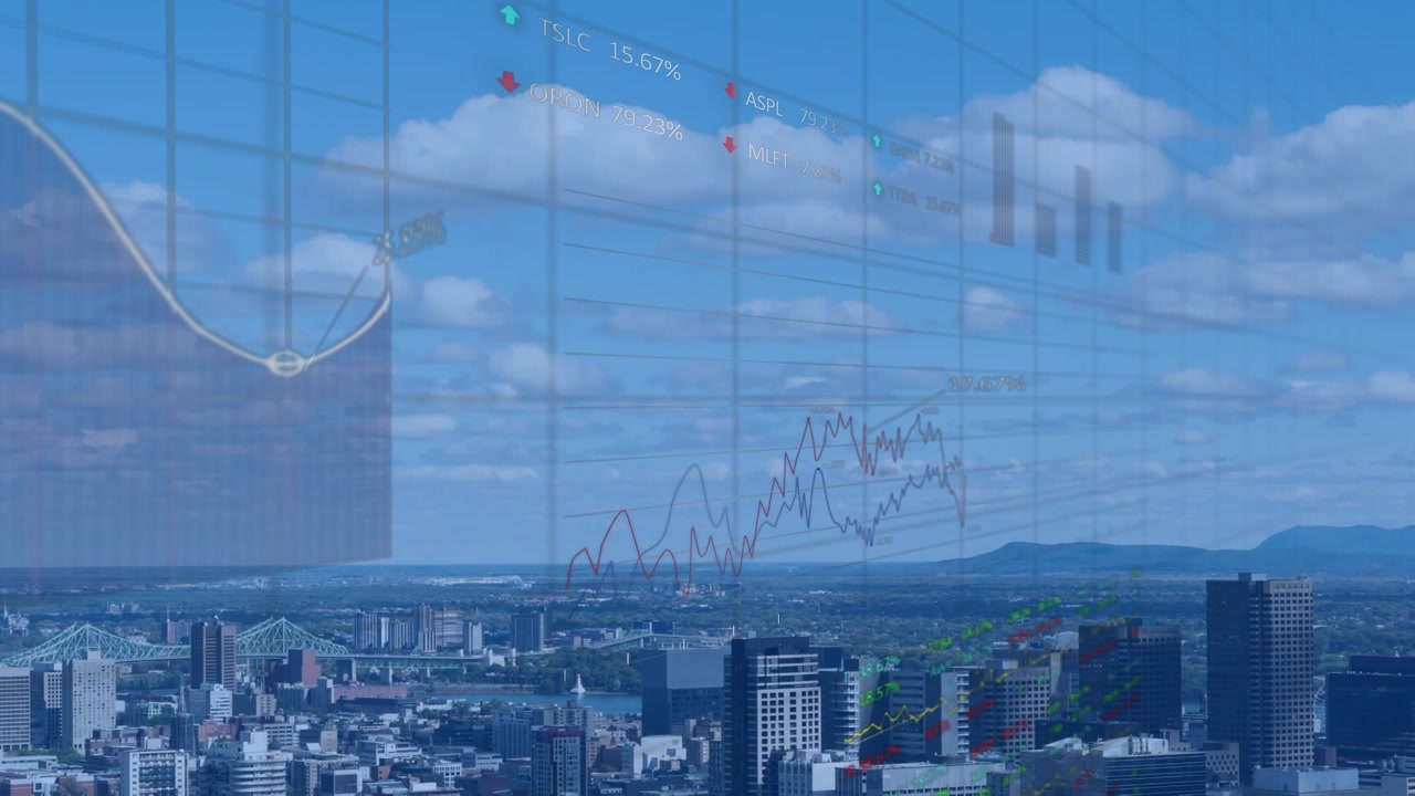 On data arrival skyline staying still while translucent charts sliding left showing market trends