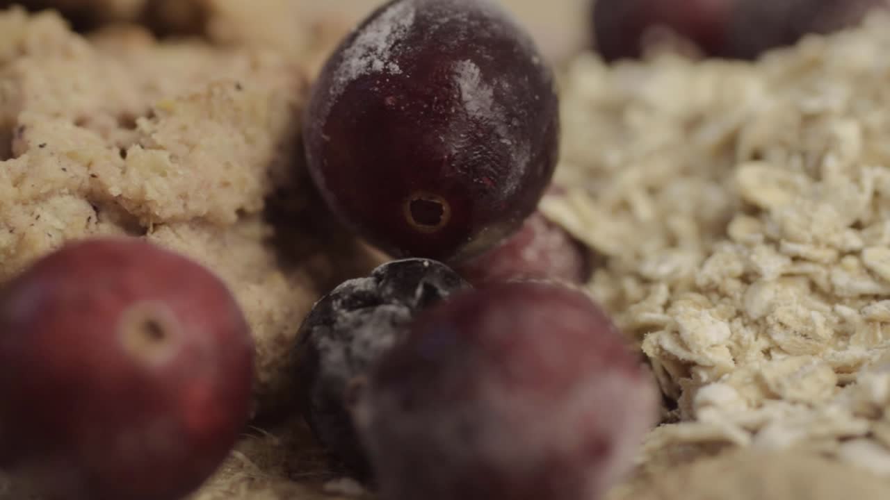 Dry rolled oats with cranberries and cookies panning macro shot