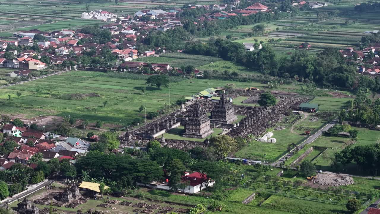 Morning Aerial View of Plaosan Temple, also known as Plaosan Complex, is one of the Buddhist temples located in Bugisan village, Prambanan district, Klaten Regency, Central Java, Indonesia
