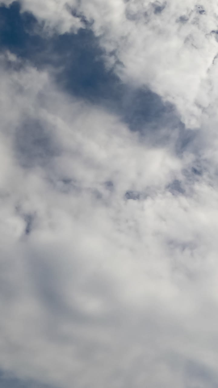 Stratus cloudscape covering the blue skies. Low angle view on the clouds gathering in the atmosphere. Timelapse. Vertical video