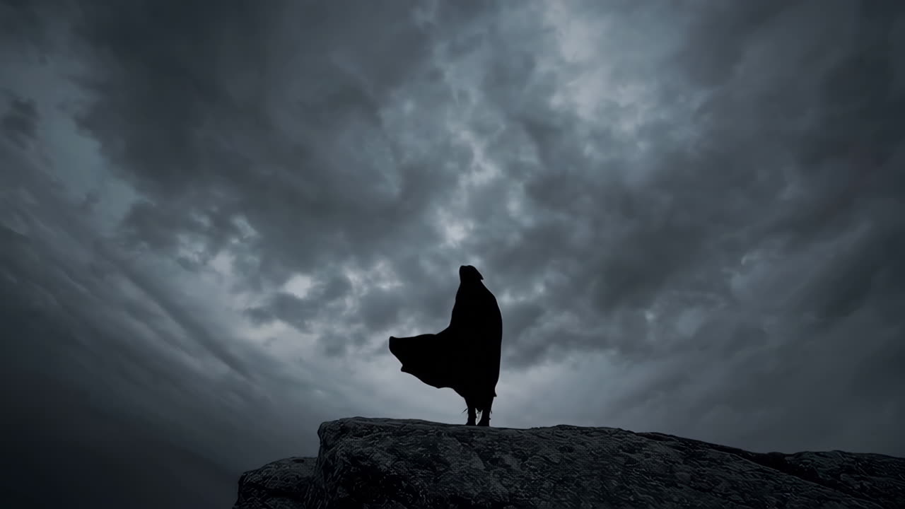 mujer con una capa en un acantilado durante una tormenta