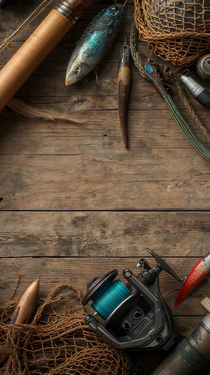 Vertical video: Shifting camera revealing fishing gear on plank, bringing reel and lures into view