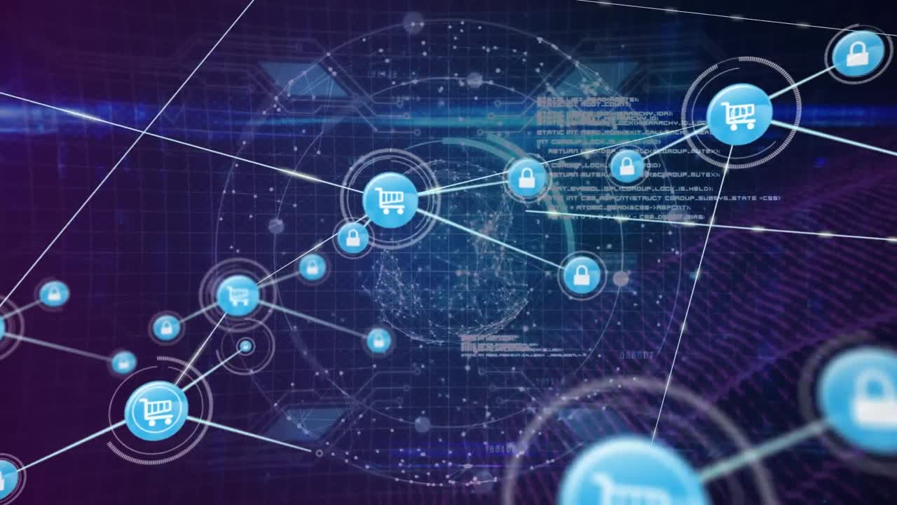 animación de una red de iconos digitales sobre un globo giratorio y procesamiento de datos sobre un fondo azul