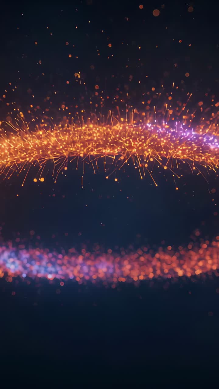 Vertical video: Appearing frame 1 two nested particle rings pulsing in render with orange sparks