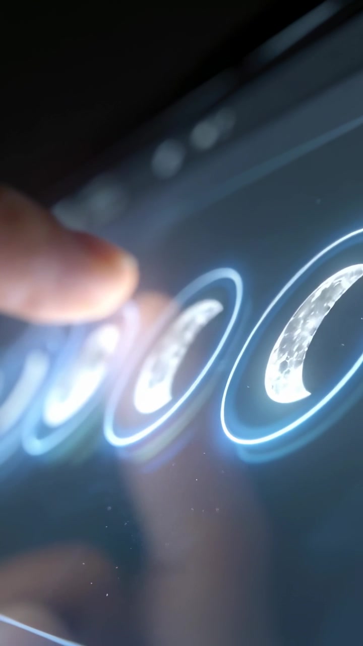 Video verticale: Dito che tocca e scorre su un touchscreen scuro, ingrandendo una luna crescente.