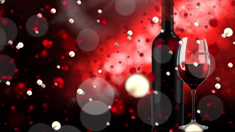 animation of blinking lights over red wine bottle on red and black background