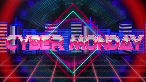 Video-Del-Texto-Del-Cyber-Monday-Sobre-Un-Patrón-Brillante-Y-Un-Paisaje-Urbano-En-3D.