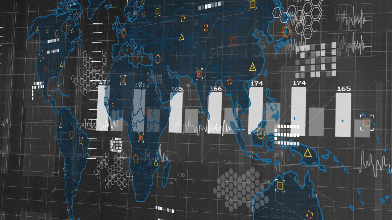 Dark grid fading in initiating world map outline and bar charts growing while visualizing live data