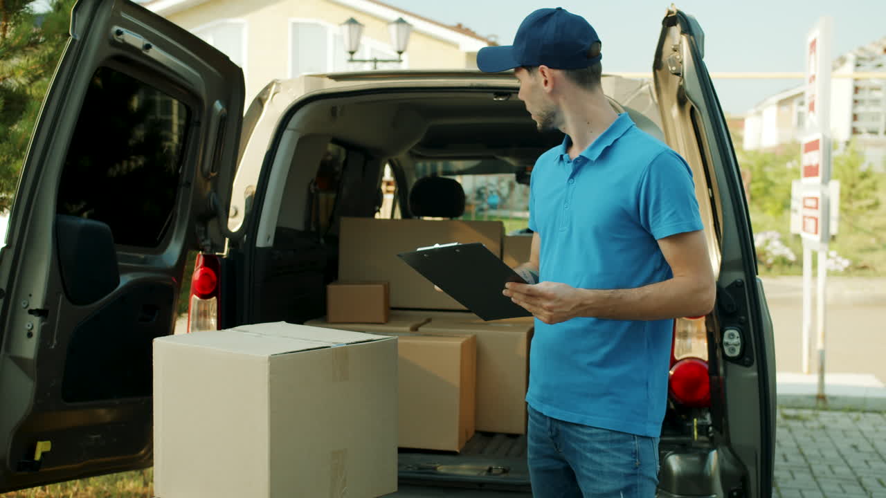 Delivery Person Checking Packages in Delivery Van
