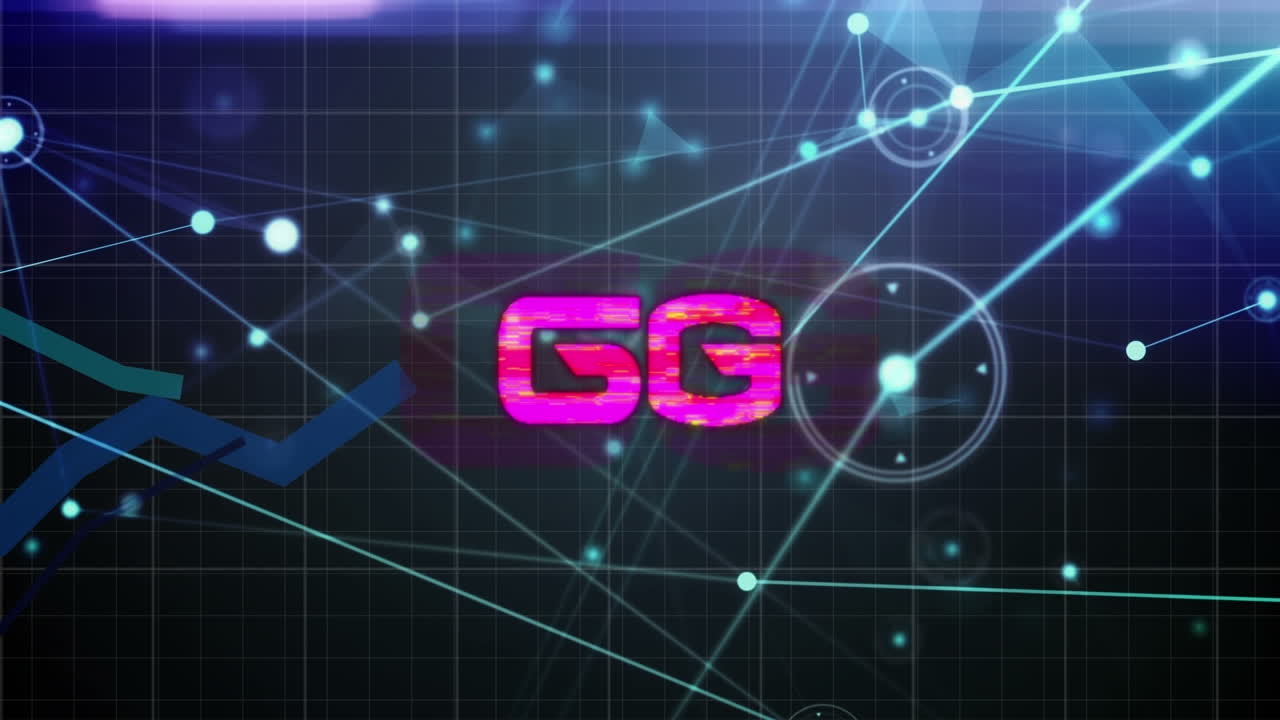 animación de texto de 6g en rosa sobre la red de comunicación y gráficos de procesamiento de datos en negro