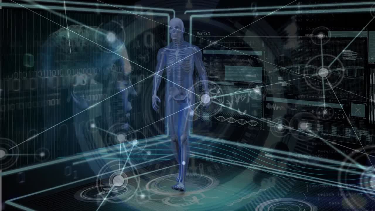 Animation of dna strand spinning over human body, scientific data processing on blue background