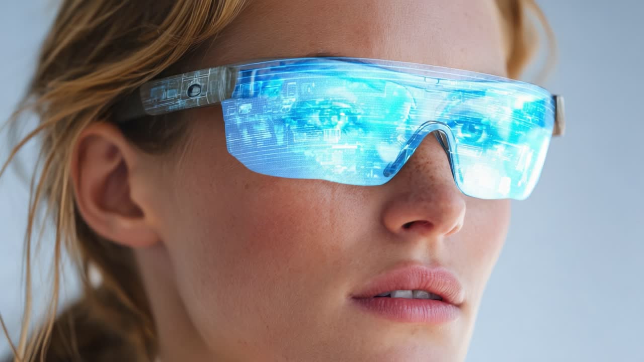 Futuristic Augmented Reality Glasses Showcasing High-Tech Displays with Enhanced Visuals for Immersive Experience in a Modern Setting