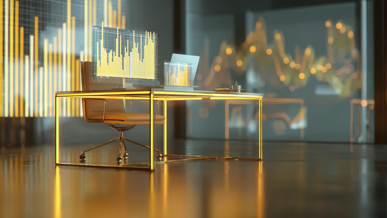 Modern Office Workspace Highlighting Advanced Data Analytics with Luminous Charts and Graphs on a Sleek Glass Desk, Showcasing High-Tech Tools for Business Insights and Decision Making