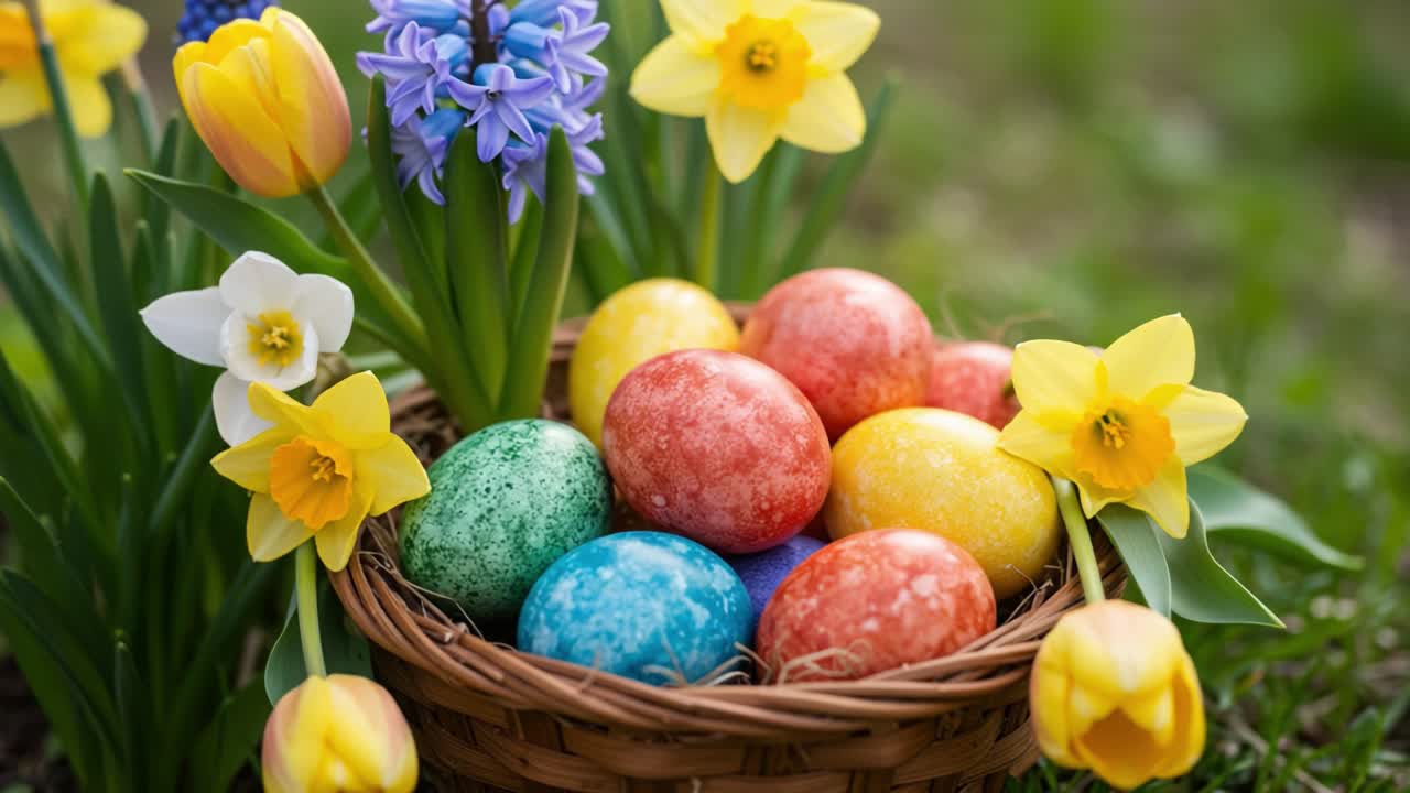 A Festive Spring Basket Filled with Colorful Decorated Eggs Surrounded by Vibrant Flowers, Capturing the Essence of Easter Celebrations in Full Bloom