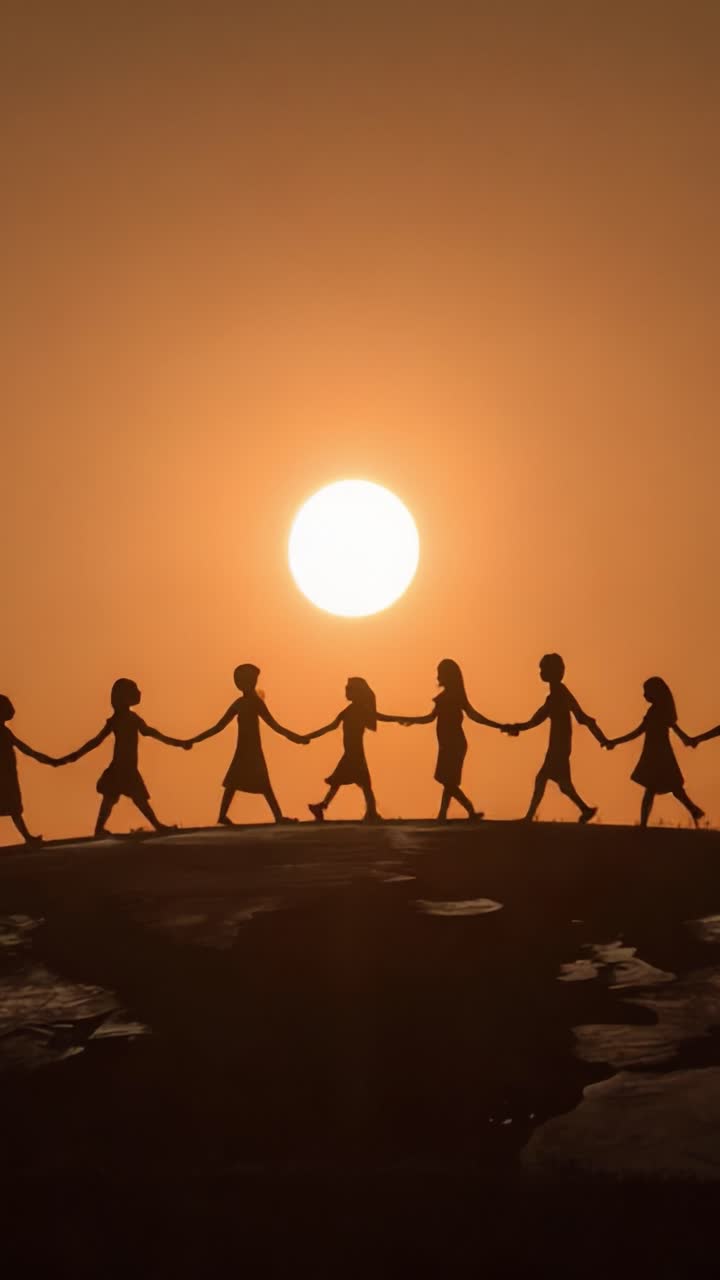 A Heartwarming Silhouette of Children Holding Hands Against a Stunning Sunset, Symbolizing Unity and Innocence in the Beautiful Landscape