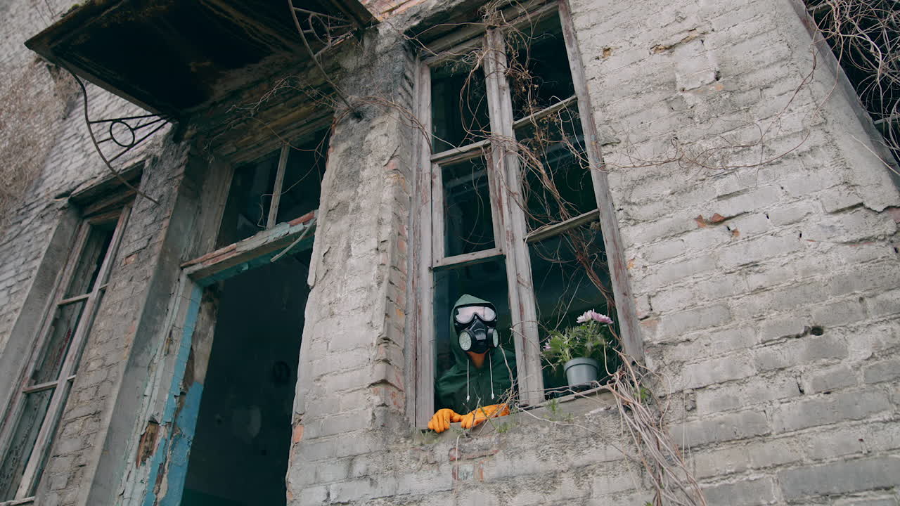 Ecologist inside the ruined building. Scientist in safety gas mask looking out of the window from abandoned building. Flowers in flower pot in window sill.