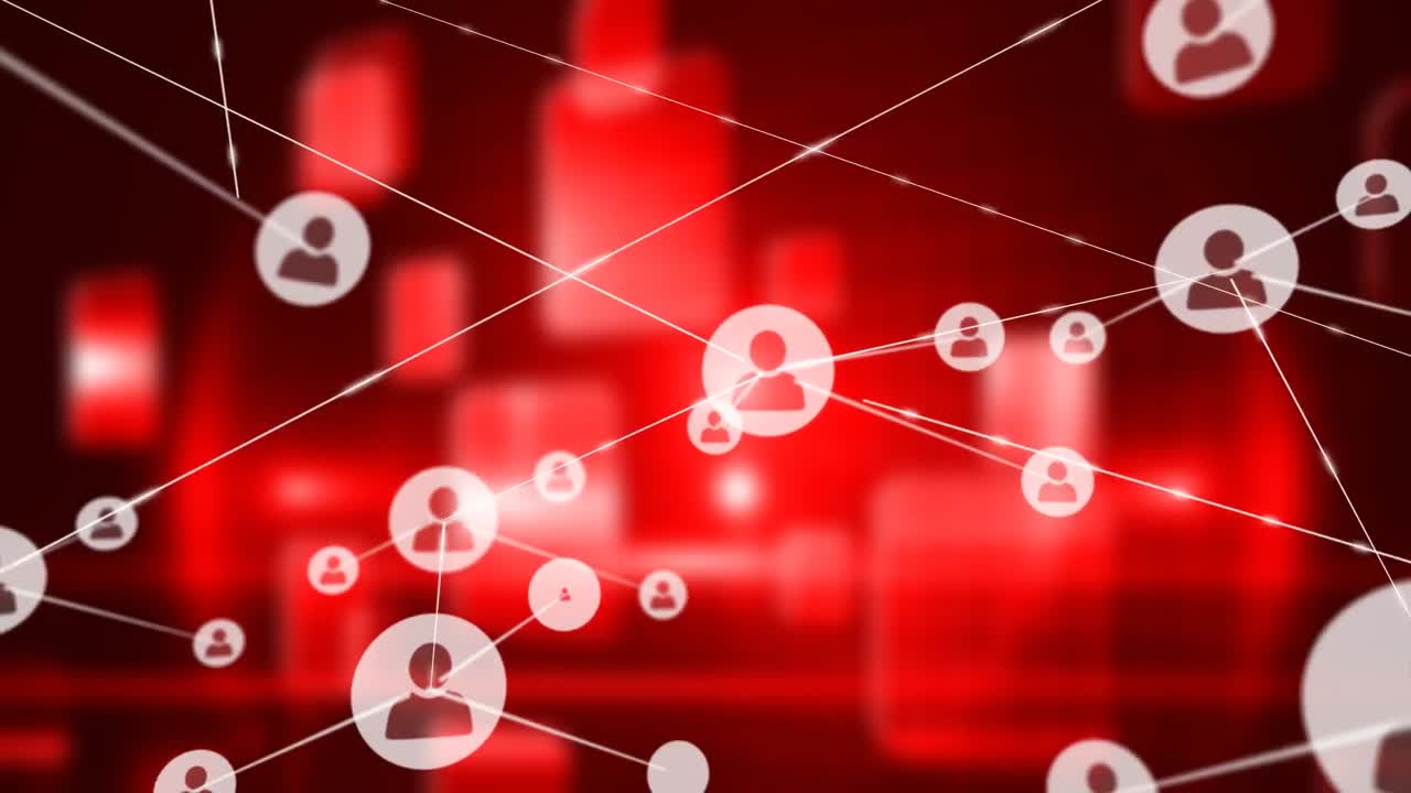 빨간색 배경의 모양 위에 아이콘을 가진 연결 네트워크의 애니메이션