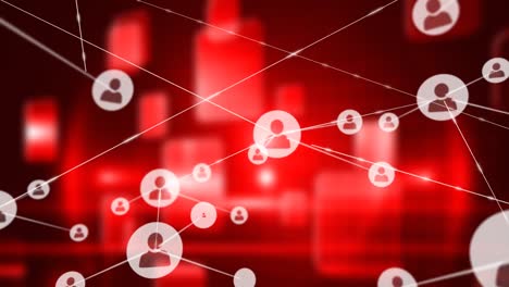 animación de la red de conexiones con iconos sobre formas sobre fondo rojo