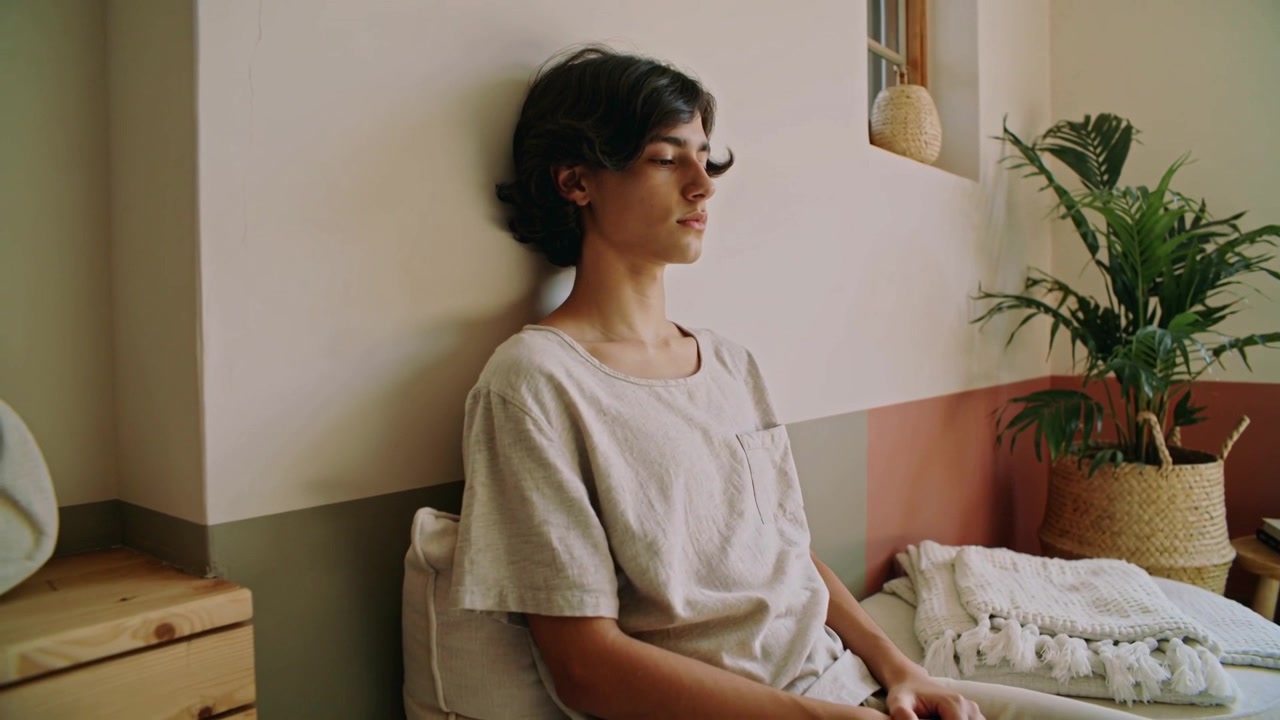Donna che abbassa lo sguardo, con una maglietta, chiude gli occhi e si reclina, riposando in un angolo accogliente di casa, con una pianta e libri.