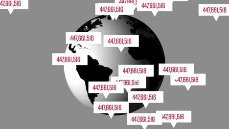 animation of speech bubbles with numbers increasing, covid-19 spreading and globe spinning
