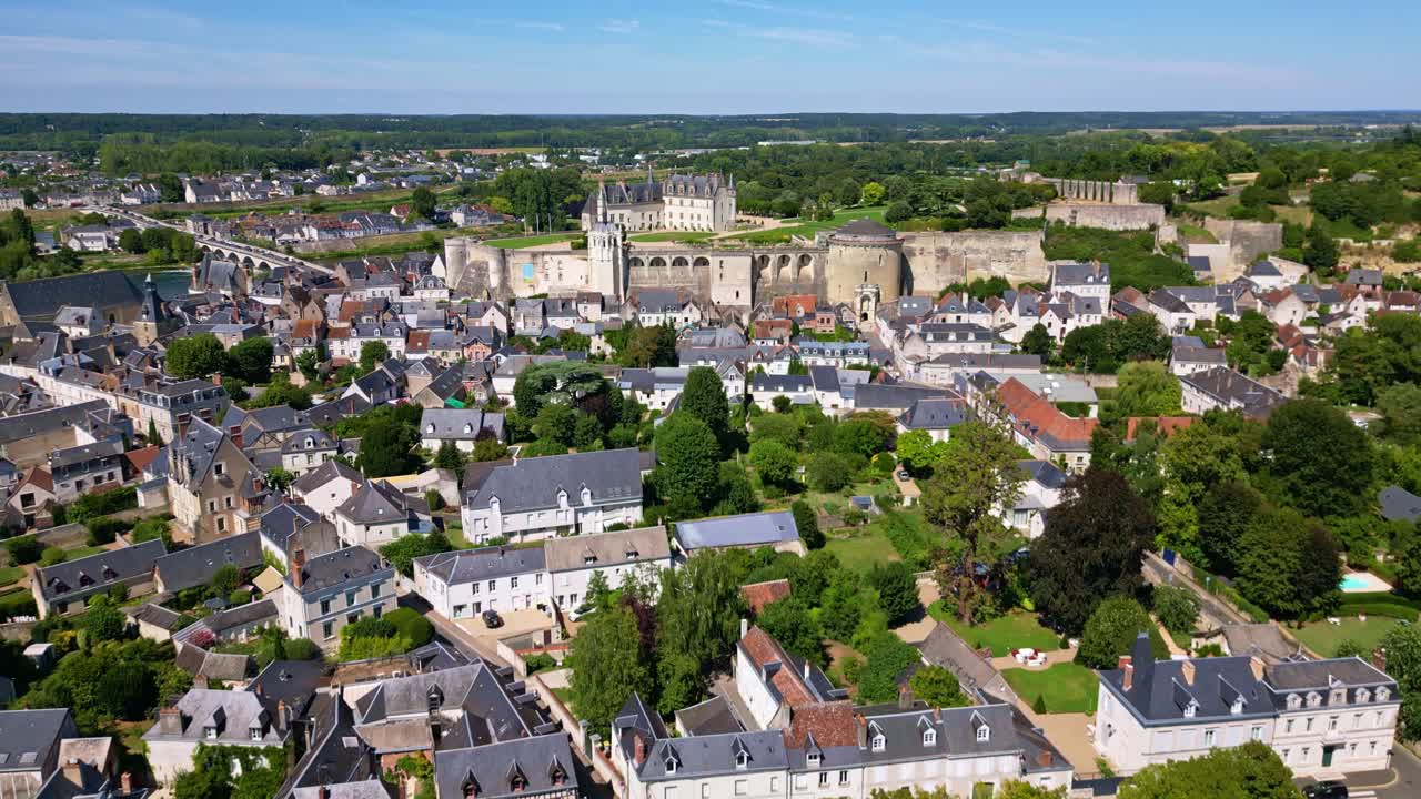 Wide aerial panoramic of Chateau Royal d'Amboise showing historic architecture and surrounding town
