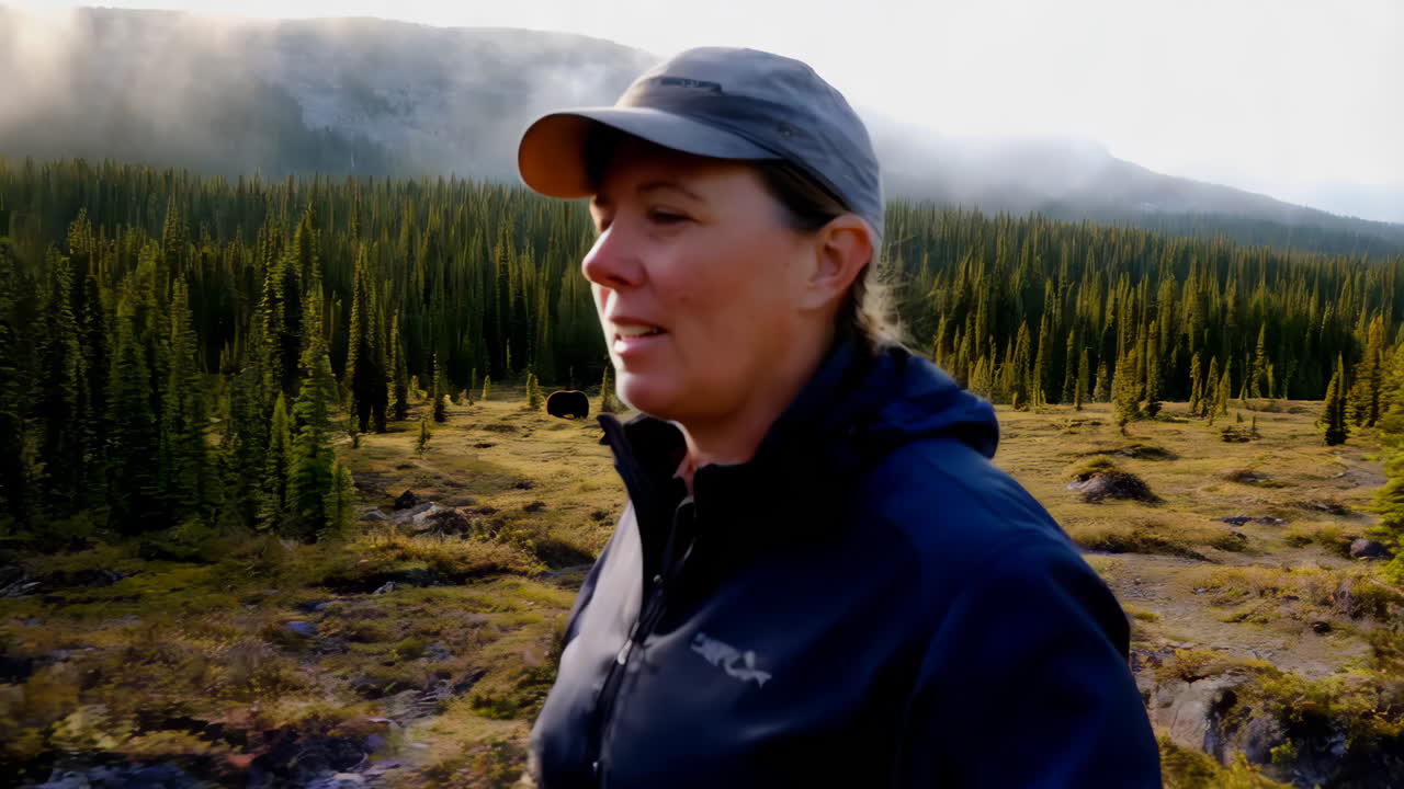 Woman Hiking in Mountains Encountering a Bear
