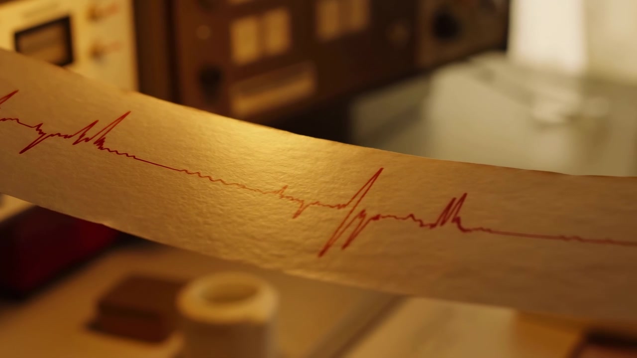 Striscia di carta diagonale in primo piano stampata con una forma d'onda rossa di elettrocardiogramma, che mostra picchi acuti ripetuti e segmenti di linea di base più calmi su carta leggermente lucida e testurizzata accanto a un oggetto vintage sfocato