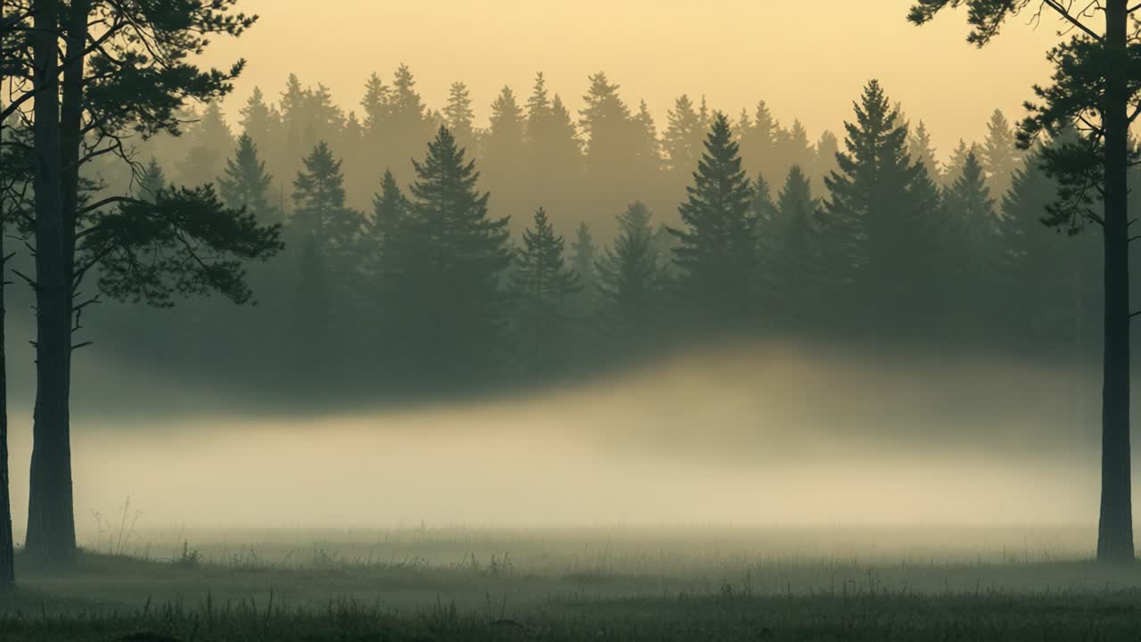 Ethereal Morning Mist Envelops a Tranquil Forest Scene, Highlighting the Serenity and Beauty of Nature in a Stunning Atmosphere of Calm and Reflection
