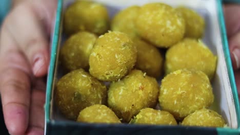 indian traditional dish sweet laddoo with narrow focus from flat angle