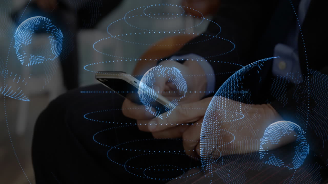 animación de globos sobre hombre de negocios caucásico usando teléfono inteligente