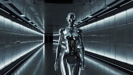 Metallic Robot in Futuristic Corridor