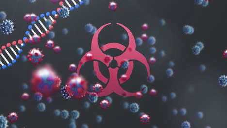 animación de las células del virus sobre el adn, el símbolo de riesgo biológico y el fondo negro