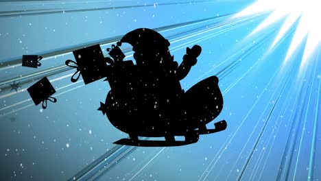 Digital-animation-of-snow-falling-over-black-silhouette-of-santa-claus-in-sleigh-against-light-trail