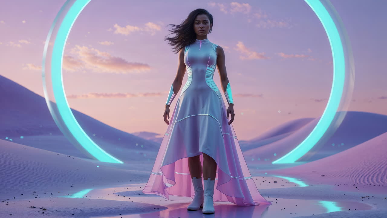 Woman in Futuristic Dress in a Neon Desert Landscape