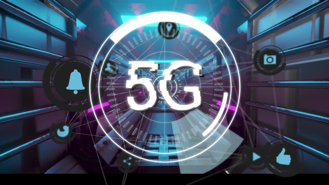 testo 5g su rete di icone di connessione contro tunnel luminoso