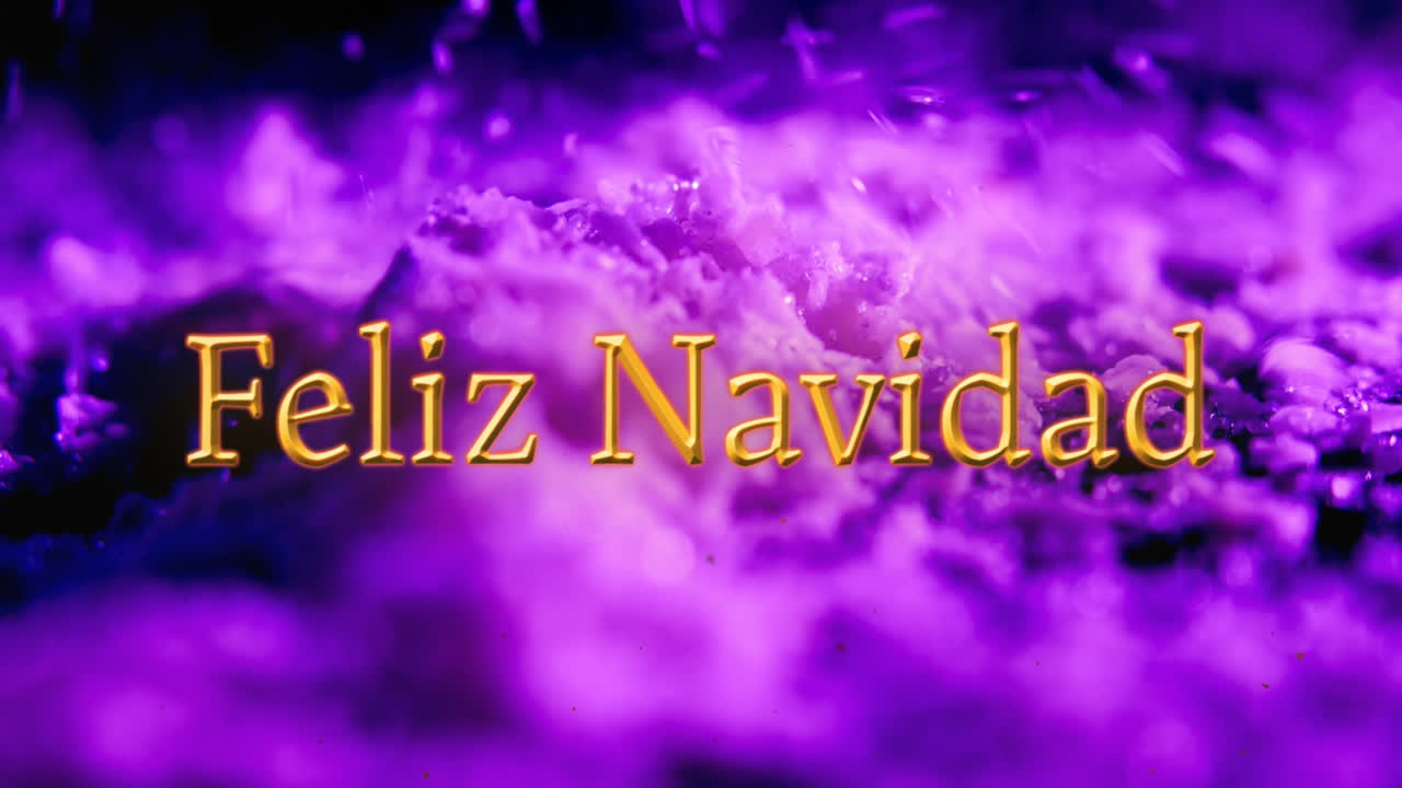 animación del texto de feliz navidad sobre partículas púrpuras que caen en el fondo