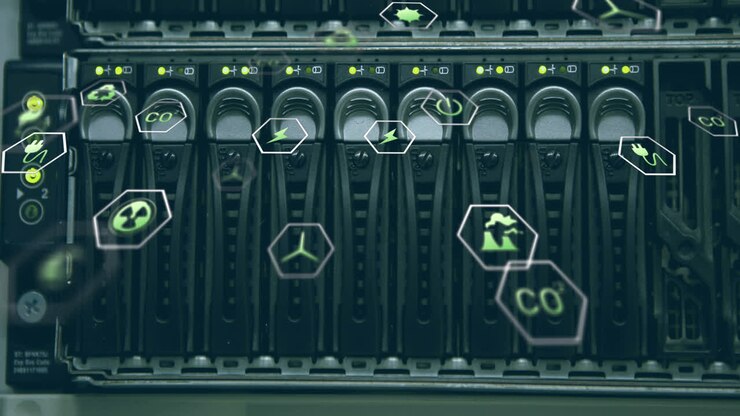 Animation of falling icons over server room