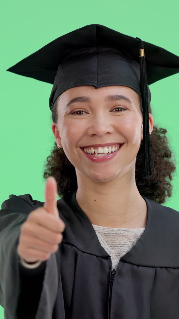 Happy Graduate Woman Giving Thumbs Up on Green Screen
