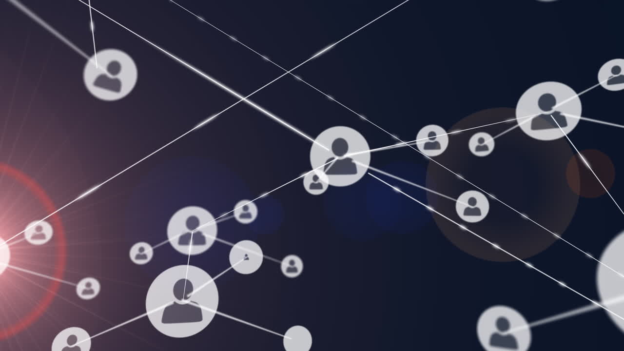 Animation of network of connections with people icons on dark background