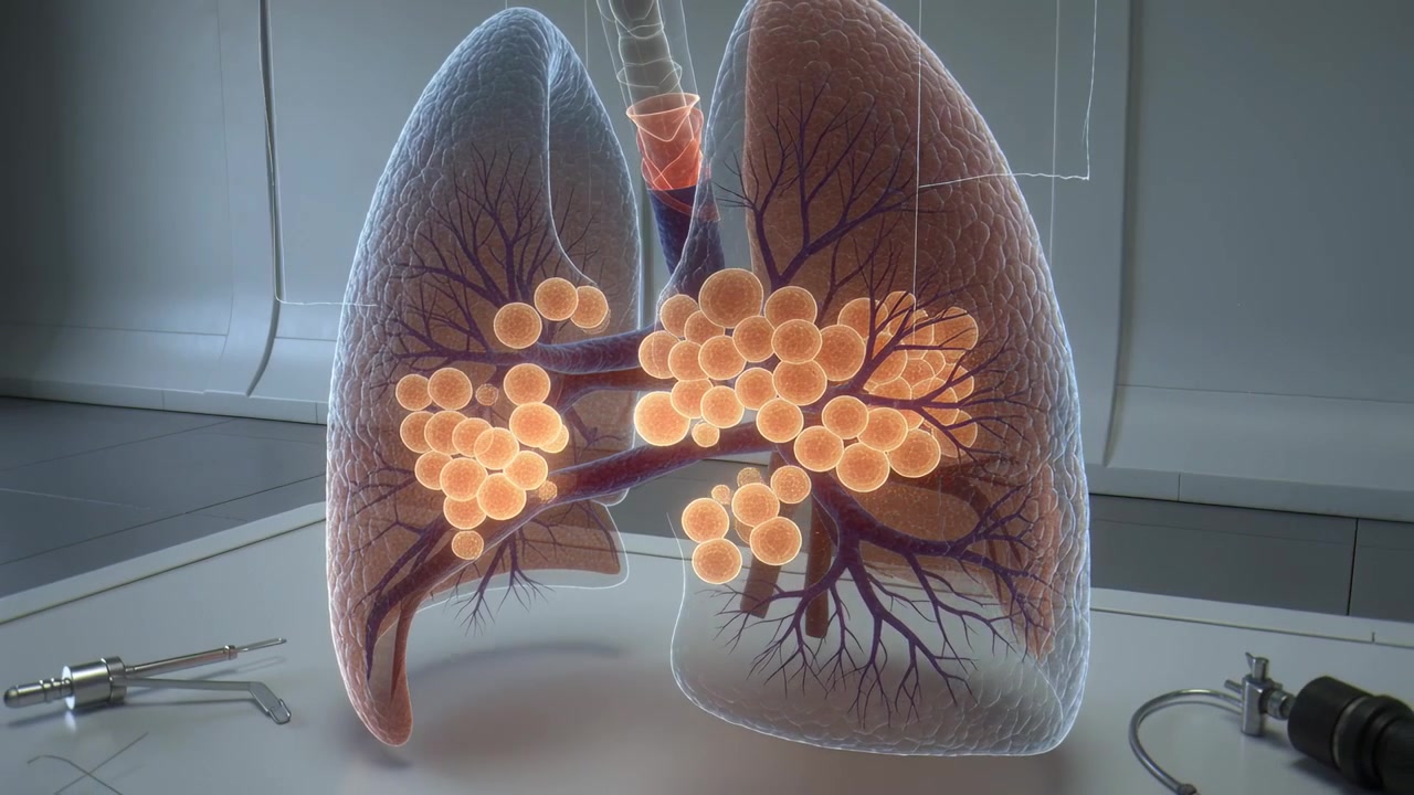 Inizio della dimostrazione, polmoni in 3D che mostrano grappoli arancioni in crescita sopra un banco di laboratorio, strumento chirurgico per lo studio
