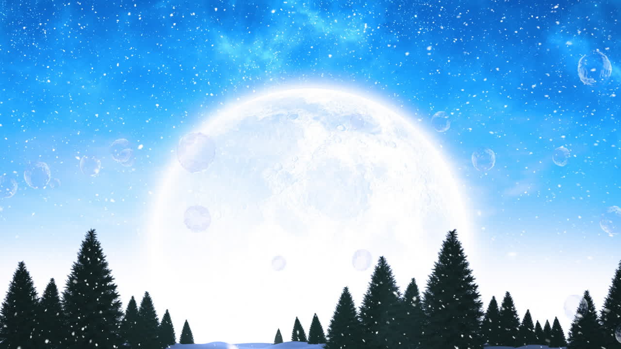 Glowing full moon over snowy pine trees with starry night sky animation