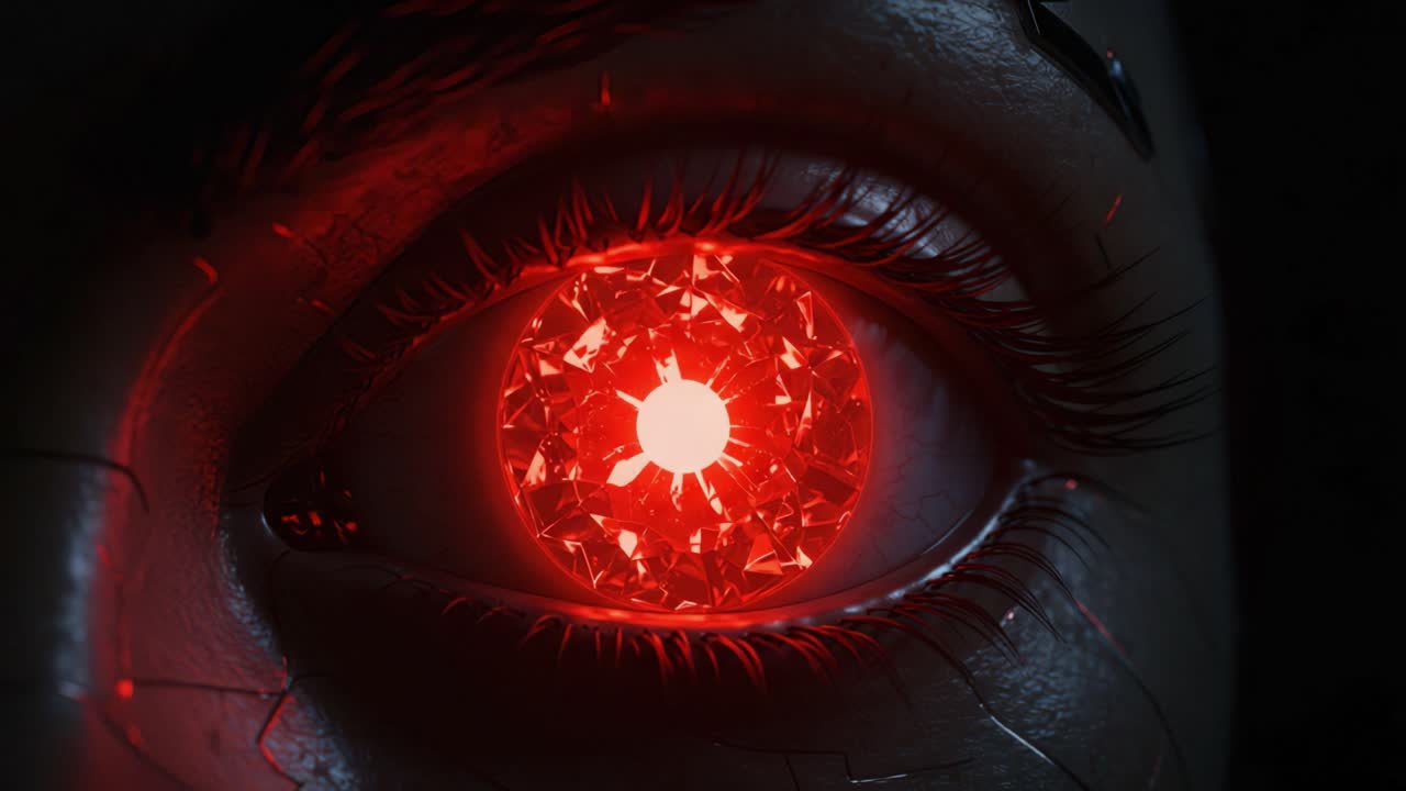 A Close-Up View of a Futuristic Eye with a Glowing Red Core, Featuring Intricate Details and a High-Tech Aesthetic, Captivating Imagery of Cyborg Elements