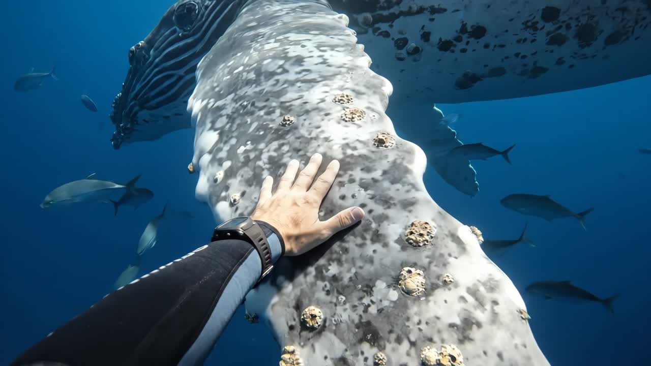 Diver's Hand Gently Touches a Humpback Whale's Fin Underwater