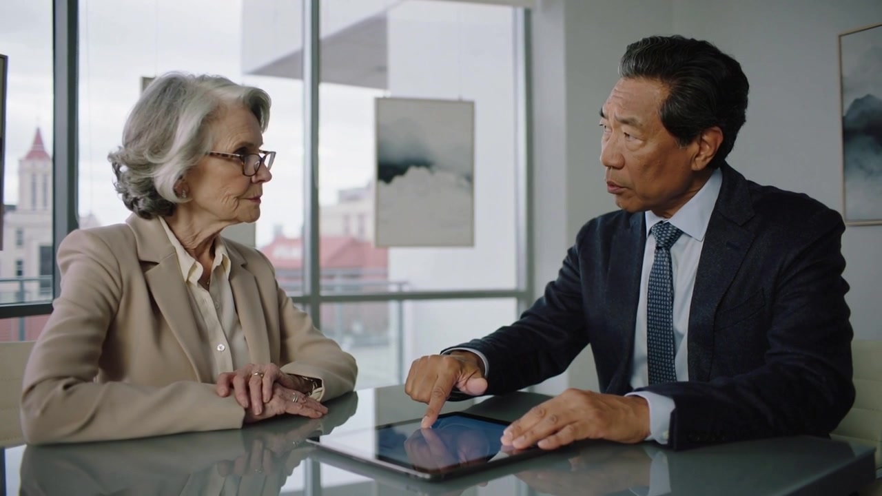 Tapping man in dark suit showing tablet, explaining plan in office, woman in blazer lifting glasses